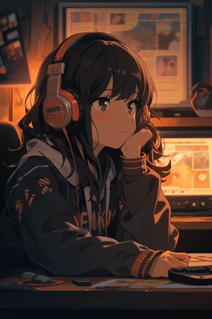 Anime girl listening to music